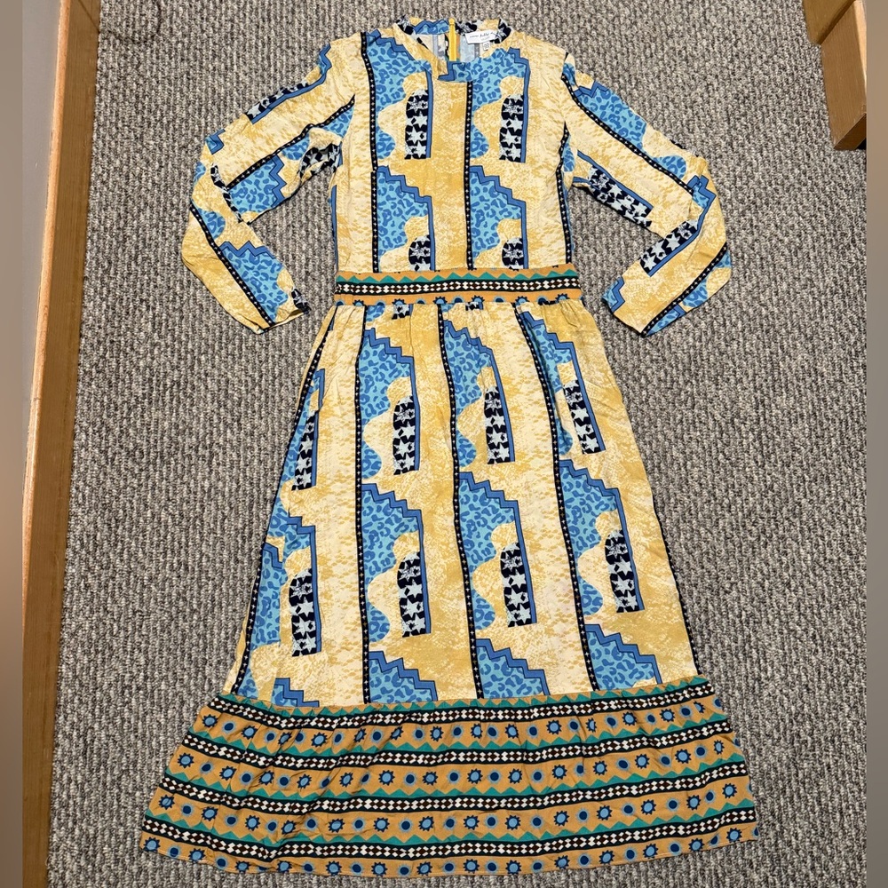 Never Fully Dressed Yellow and Blue Patterned Long Sleeve Maxi Dress